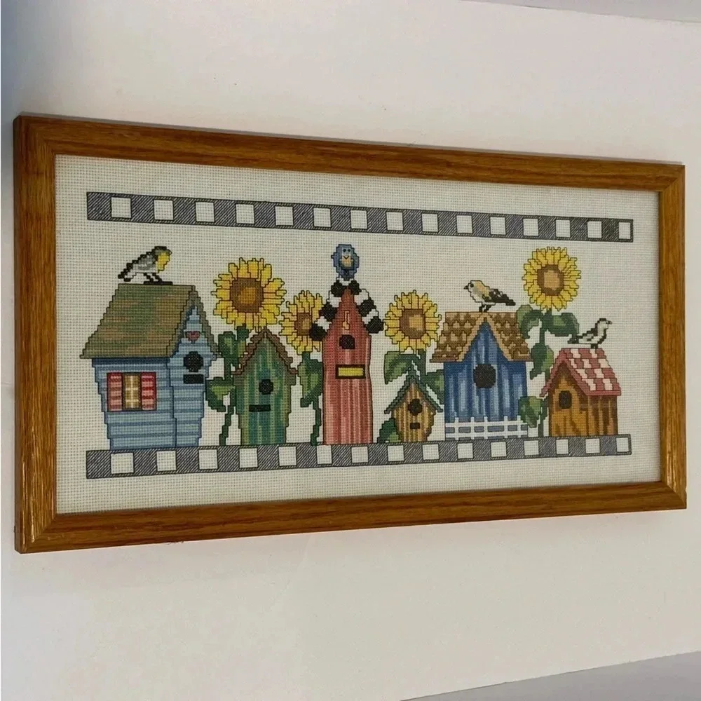 Framed counted, cross, stitch, handmade birdhouse with birds and sunflowers‎